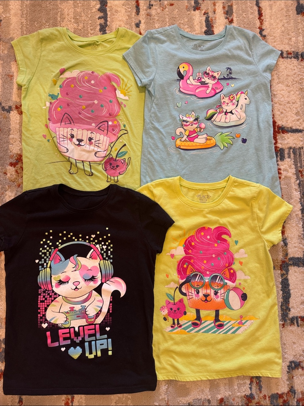 Girls Short Sleeve Graphic Tees - Yellow, Light Blue, Black, Lime